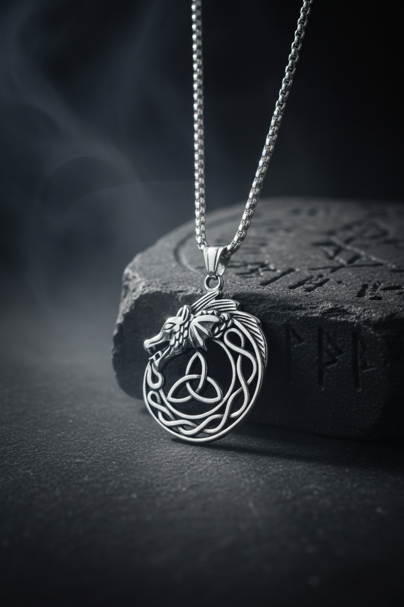 Silver dragon pendant necklace on a black background