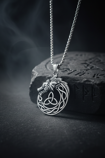 Silver dragon pendant necklace on a black background