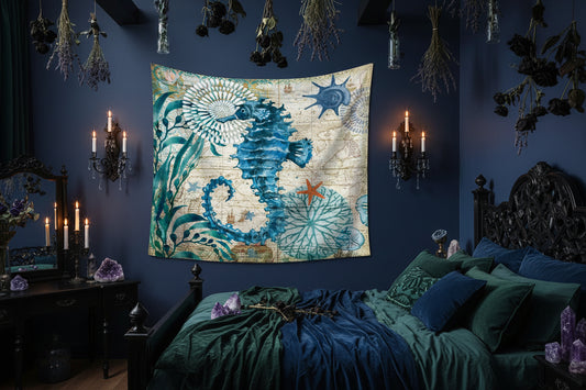 Digital Print Tapestry Wall Hanging with Seahorse Design Sorceress Sanctuary