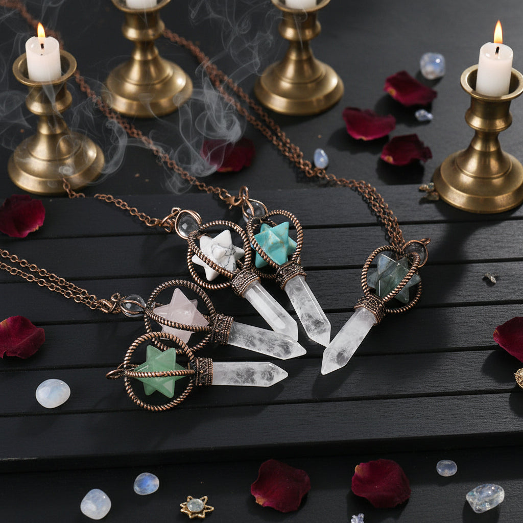 Crystal necklaces with star and point designs on a black background