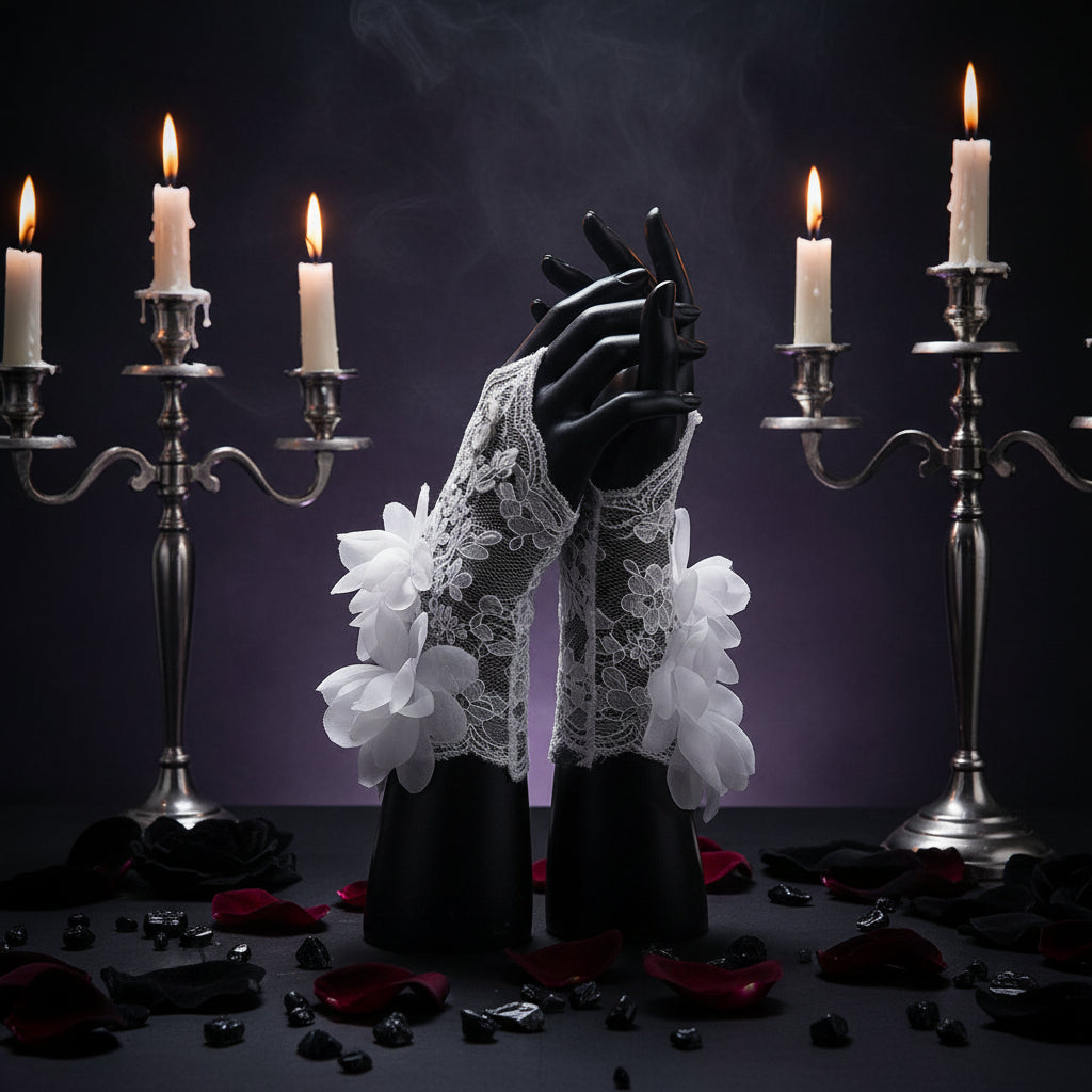 Bride Wedding Dress Gloves with Red Flowers & Lace Sorceress Sanctuary