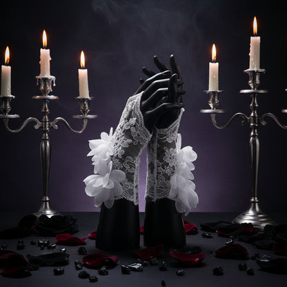 Bride Wedding Dress Gloves with Red Flowers & Lace Sorceress Sanctuary