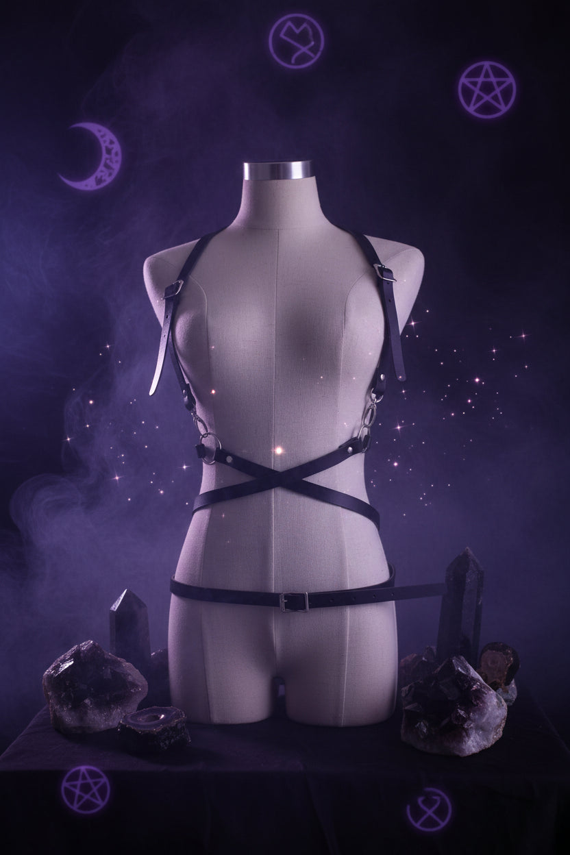 Black leather harness on a mannequin against a plain background
