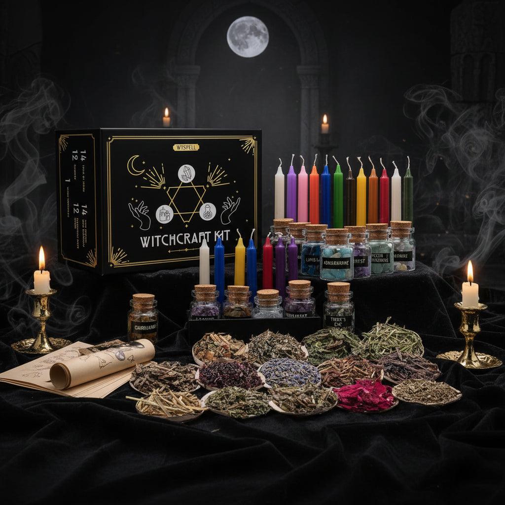 Witchcraft kit with candles, herbs, and books on a white background