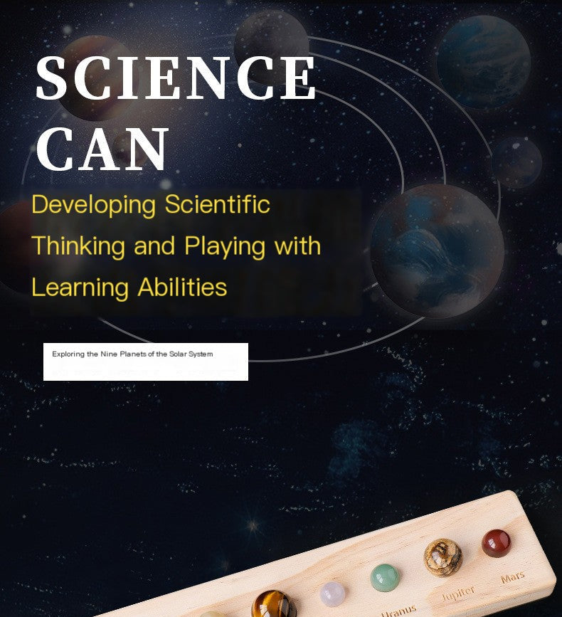 Wooden model of planets on a dark space-themed background with text about scientific thinking.