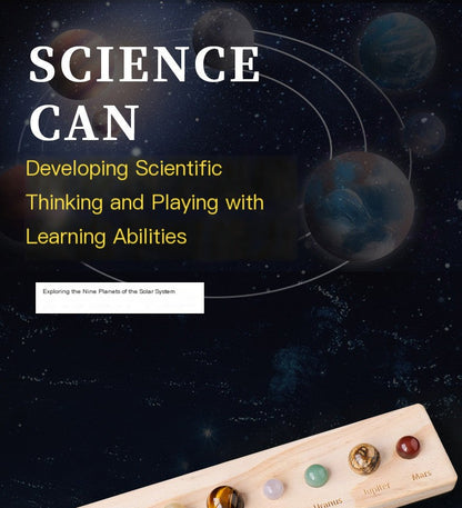 Wooden model of planets on a dark space-themed background with text about scientific thinking.