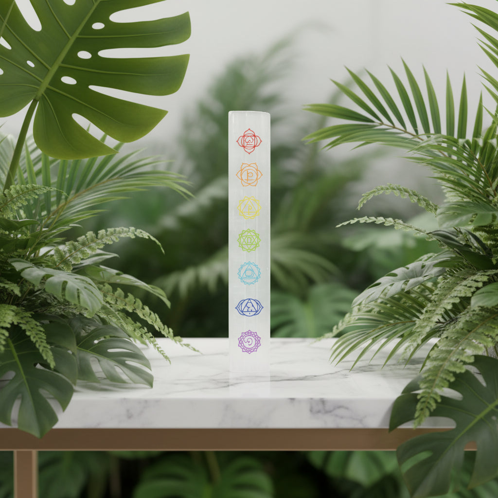 Decorative cylindrical crystal with colorful chakra symbols on a white background