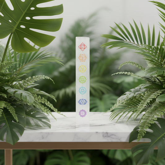 Decorative cylindrical crystal with colorful chakra symbols on a white background