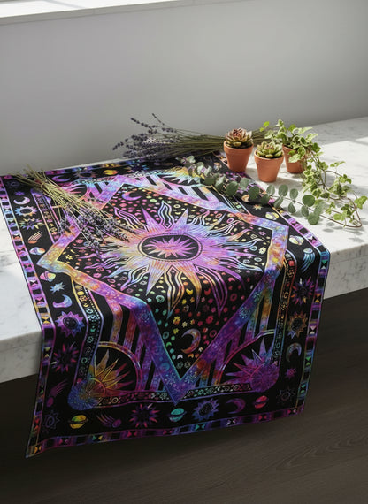 Colorful tapestry with geometric patterns and celestial designs on a black background