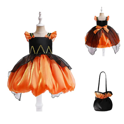 Halloween-themed children's dress with matching bag on a white background