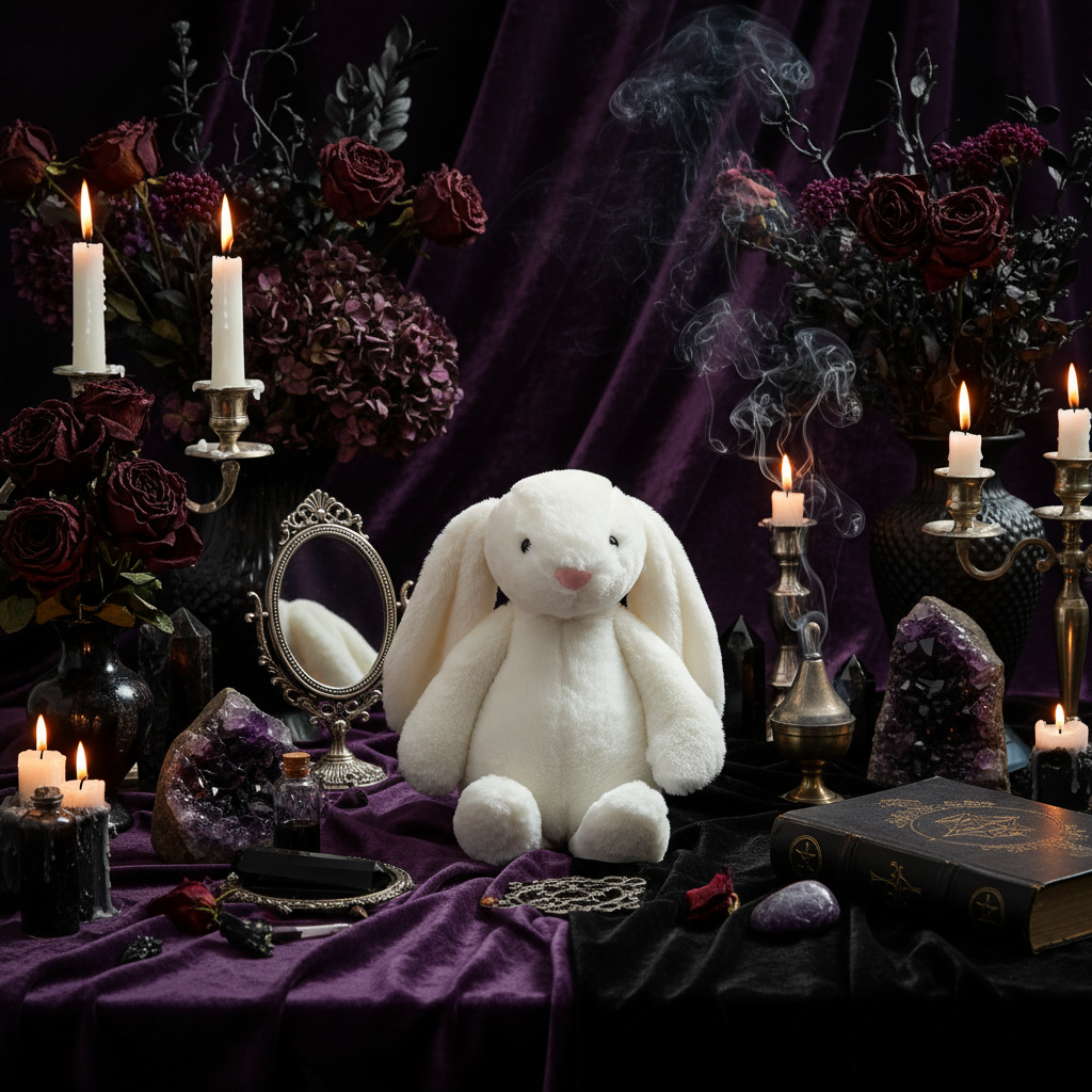 White plush bunny sitting on a beige couch with a blurred background