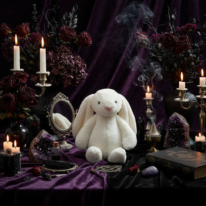 White plush bunny sitting on a beige couch with a blurred background