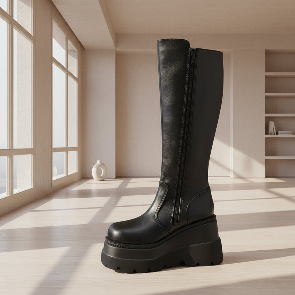 Black knee-high boot with a platform sole on a white background