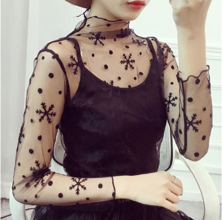 Sheer Lace Long Sleeve Crop Top Mesh Layering Piece