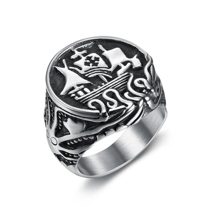 Masonic Sailboat Ring, Stainless Steel Viking Band