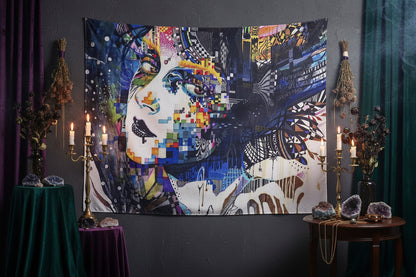 Colorful abstract tapestry with artistic design on a white background
