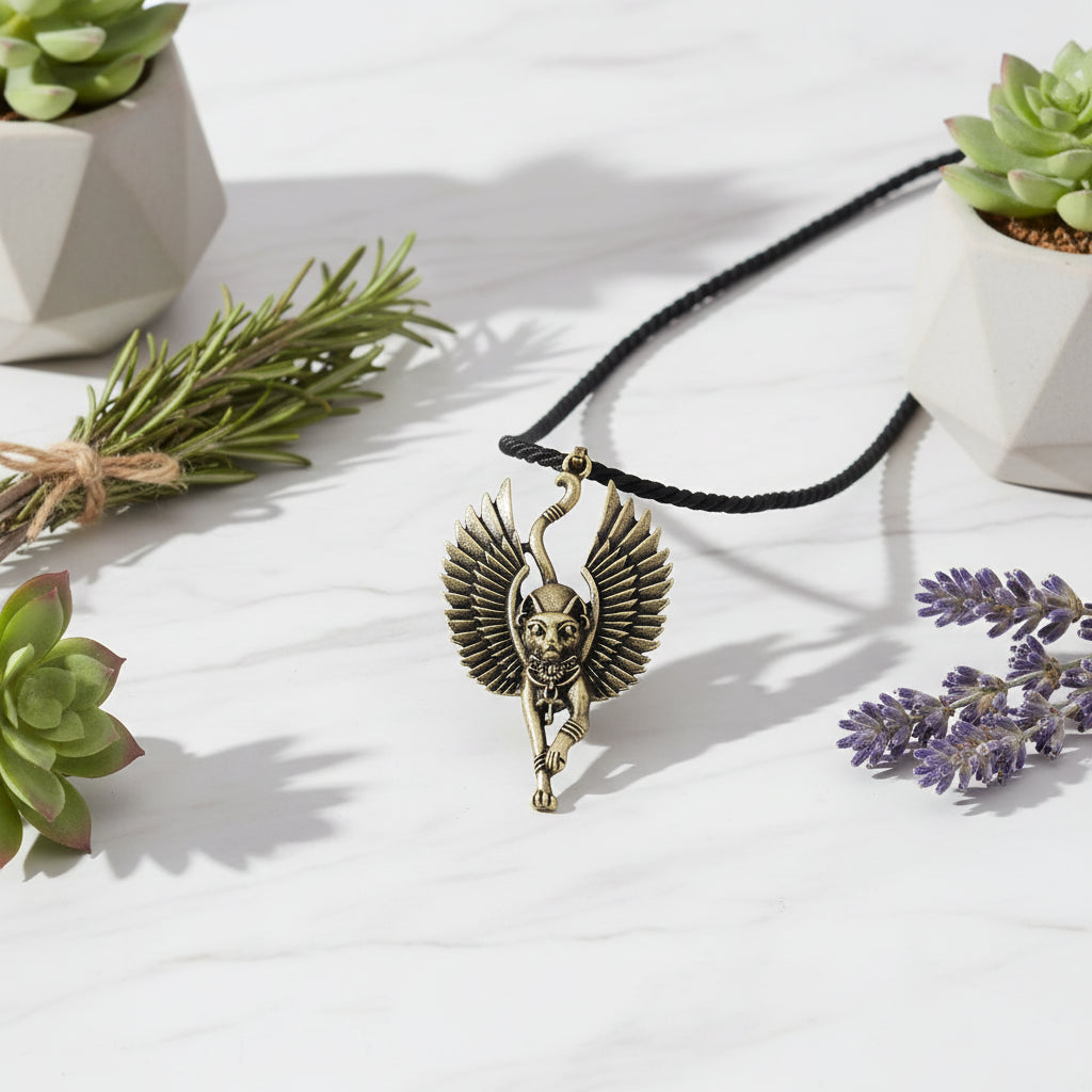 Bronze winged cat pendant on a stone surface