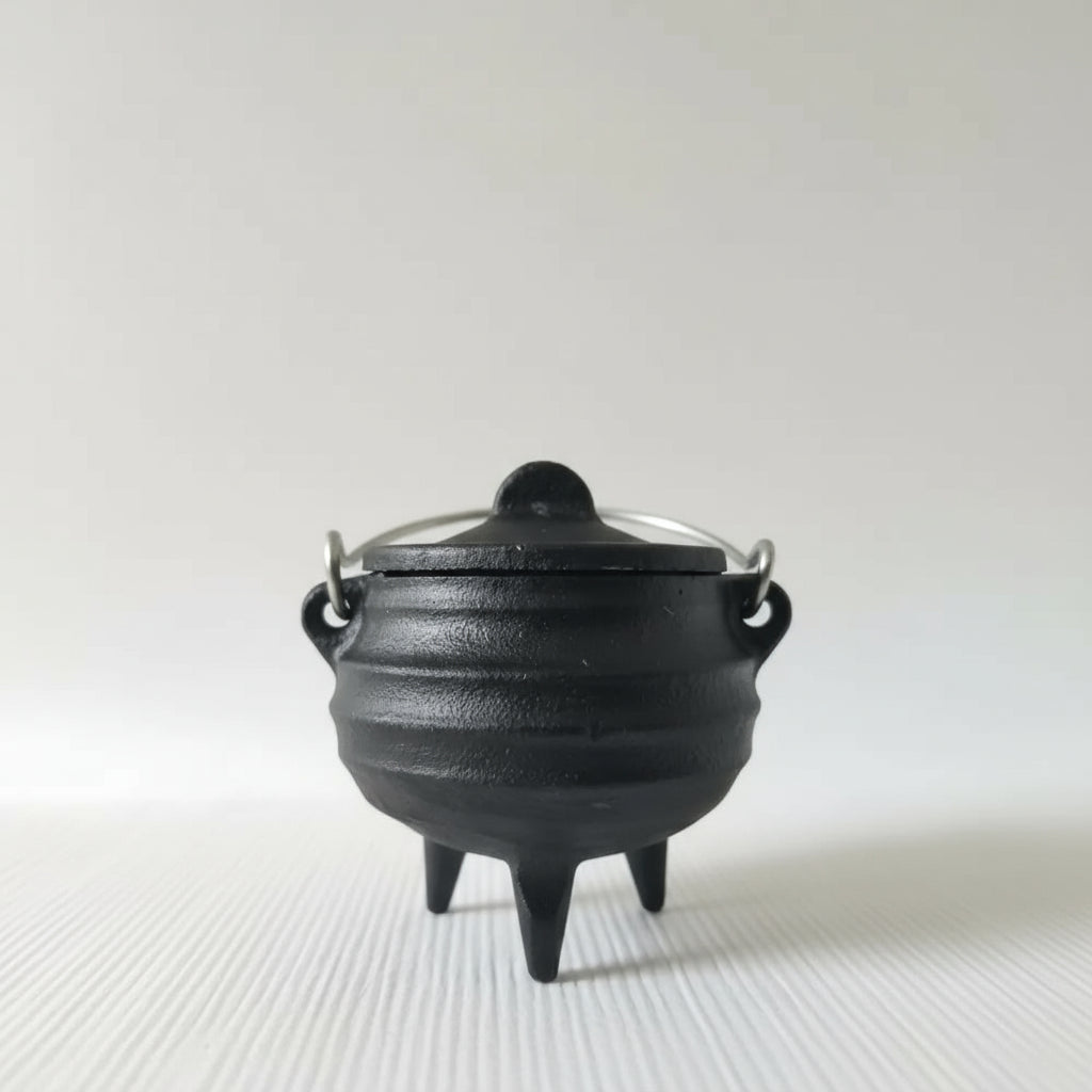 Black cast iron pot with lid on a white background
