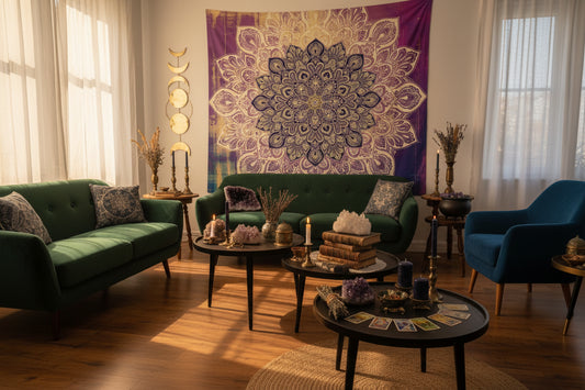Mandala tapestry hanging on a wall in a living room setting.