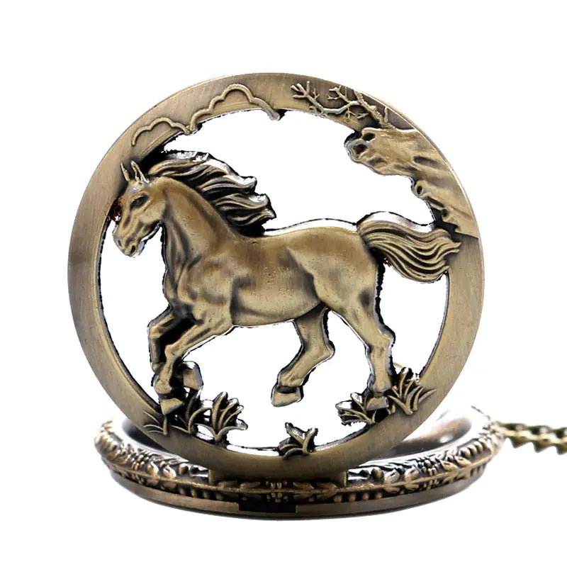 Bronze horse sculpture in a circular frame on a white background