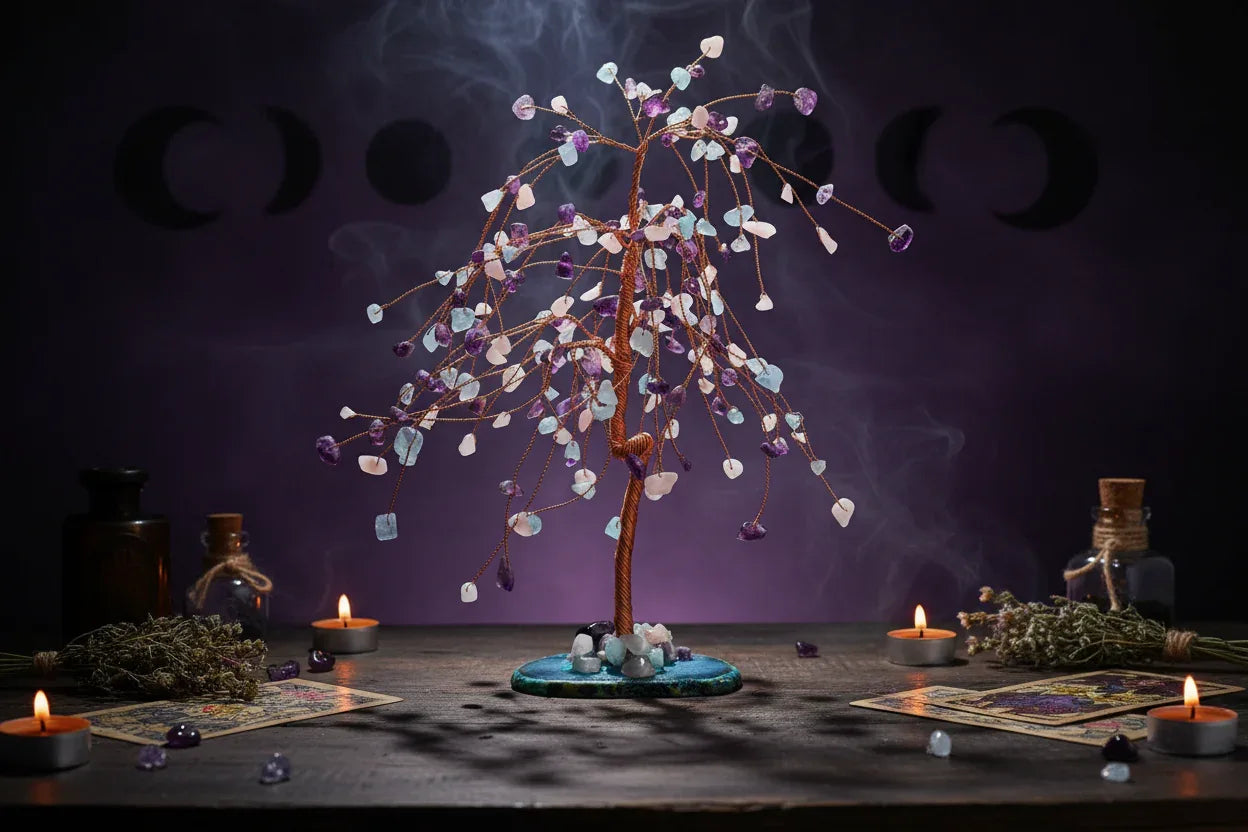 Mystic Crystal Tree - Sorceress Sanctuary Colorful Gem Gravel Tree Agate Sheet Base-Fluorite gravel tree agate sheet base-Amethyst gravel tree agate sheet base-Pink Crystal Weeping Willow Gravel Tree Agate Sheet Base-Aquamarine + Amethyst + Lapis Lazuli Weeping Willow Gravel Tree Agate Piece Base