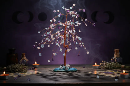 Mystic Crystal Tree - Sorceress Sanctuary Colorful Gem Gravel Tree Agate Sheet Base-Fluorite gravel tree agate sheet base-Amethyst gravel tree agate sheet base-Pink Crystal Weeping Willow Gravel Tree Agate Sheet Base-Aquamarine + Amethyst + Lapis Lazuli Weeping Willow Gravel Tree Agate Piece Base