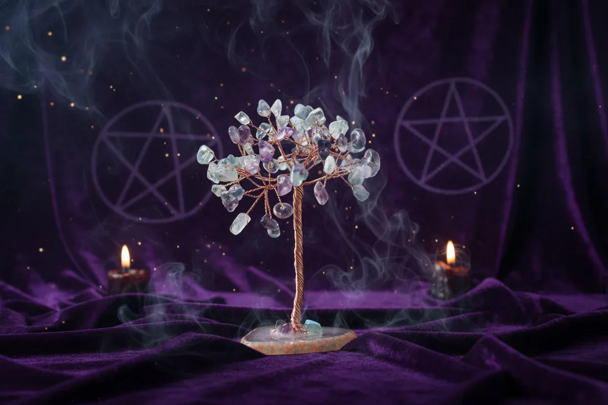 Mystic Crystal Tree - Sorceress Sanctuary Colorful Gem Gravel Tree Agate Sheet Base-Fluorite gravel tree agate sheet base-Amethyst gravel tree agate sheet base-Pink Crystal Weeping Willow Gravel Tree Agate Sheet Base-Aquamarine + Amethyst + Lapis Lazuli Weeping Willow Gravel Tree Agate Piece Base