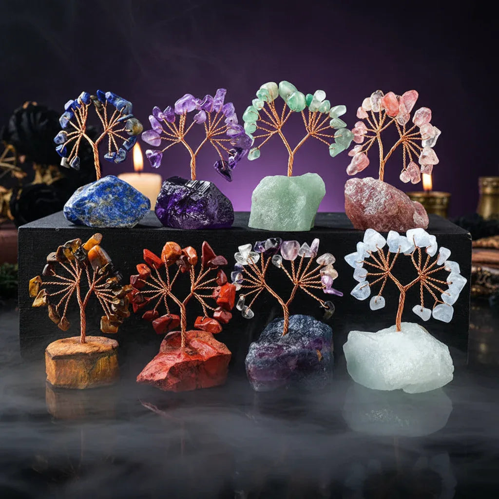 Mystic Crystal Tree - Sorceress Sanctuary Colorful Gem Gravel Tree Agate Sheet Base-Fluorite gravel tree agate sheet base-Amethyst gravel tree agate sheet base-Pink Crystal Weeping Willow Gravel Tree Agate Sheet Base-Aquamarine + Amethyst + Lapis Lazuli Weeping Willow Gravel Tree Agate Piece Base