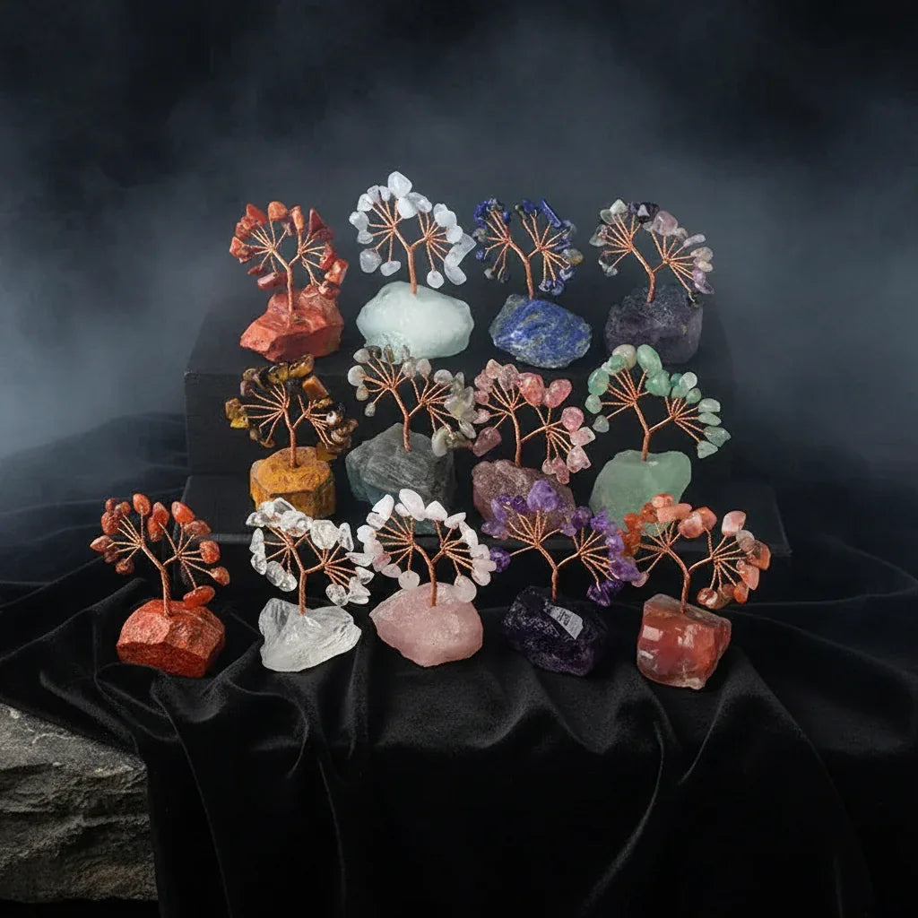 Mystic Crystal Tree - Sorceress Sanctuary Colorful Gem Gravel Tree Agate Sheet Base-Fluorite gravel tree agate sheet base-Amethyst gravel tree agate sheet base-Pink Crystal Weeping Willow Gravel Tree Agate Sheet Base-Aquamarine + Amethyst + Lapis Lazuli Weeping Willow Gravel Tree Agate Piece Base