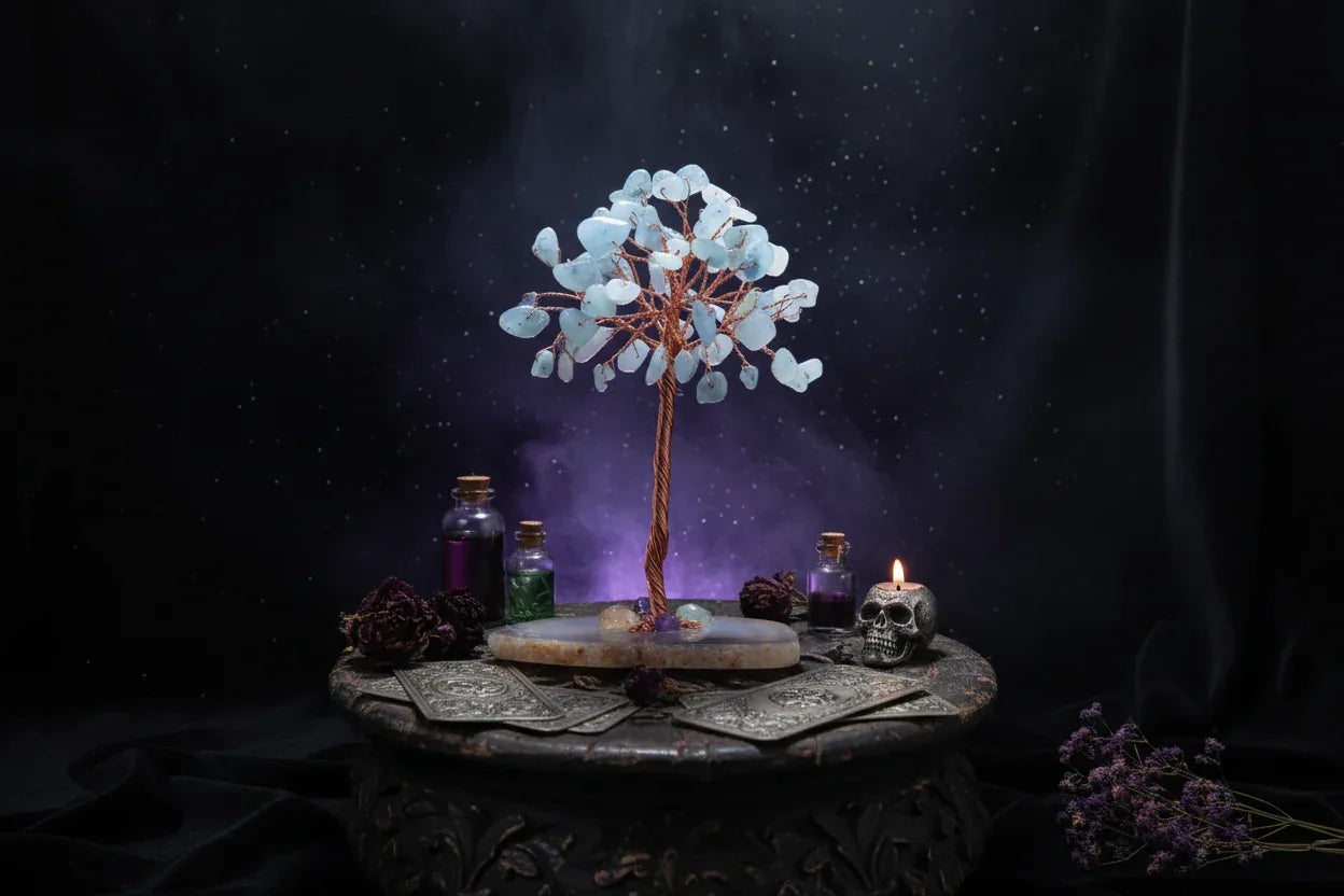 Mystic Crystal Tree - Sorceress Sanctuary Colorful Gem Gravel Tree Agate Sheet Base-Fluorite gravel tree agate sheet base-Amethyst gravel tree agate sheet base-Pink Crystal Weeping Willow Gravel Tree Agate Sheet Base-Aquamarine + Amethyst + Lapis Lazuli Weeping Willow Gravel Tree Agate Piece Base