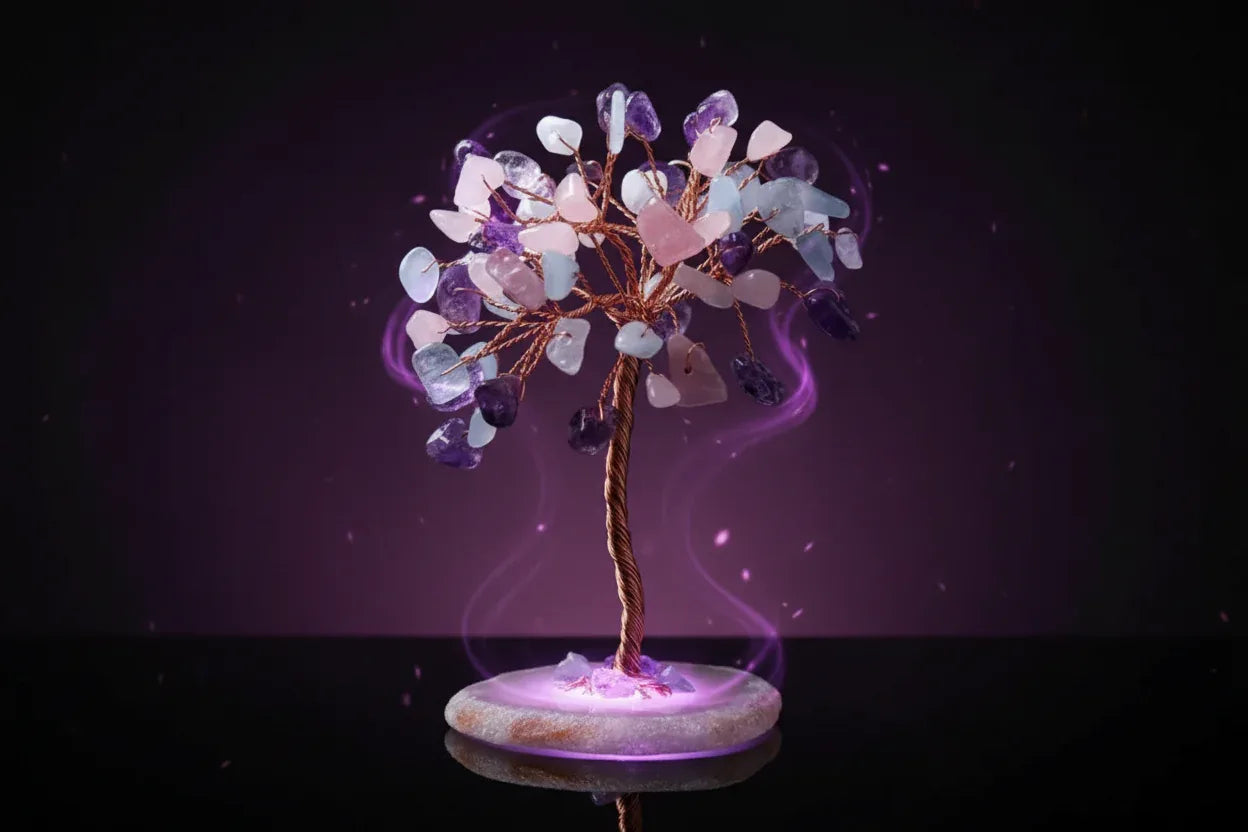 Mystic Crystal Tree - Sorceress Sanctuary Colorful Gem Gravel Tree Agate Sheet Base-Fluorite gravel tree agate sheet base-Amethyst gravel tree agate sheet base-Pink Crystal Weeping Willow Gravel Tree Agate Sheet Base-Aquamarine + Amethyst + Lapis Lazuli Weeping Willow Gravel Tree Agate Piece Base