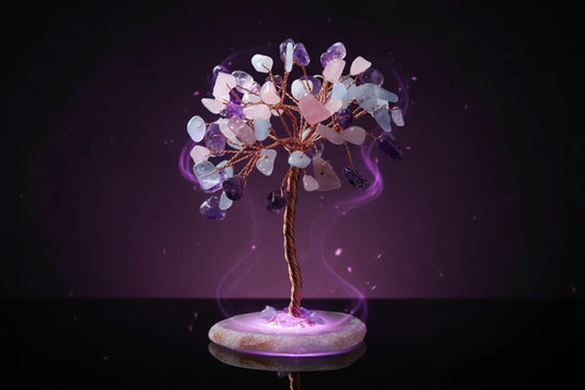 Mystic Crystal Tree - Sorceress Sanctuary Colorful Gem Gravel Tree Agate Sheet Base-Fluorite gravel tree agate sheet base-Amethyst gravel tree agate sheet base-Pink Crystal Weeping Willow Gravel Tree Agate Sheet Base-Aquamarine + Amethyst + Lapis Lazuli Weeping Willow Gravel Tree Agate Piece Base