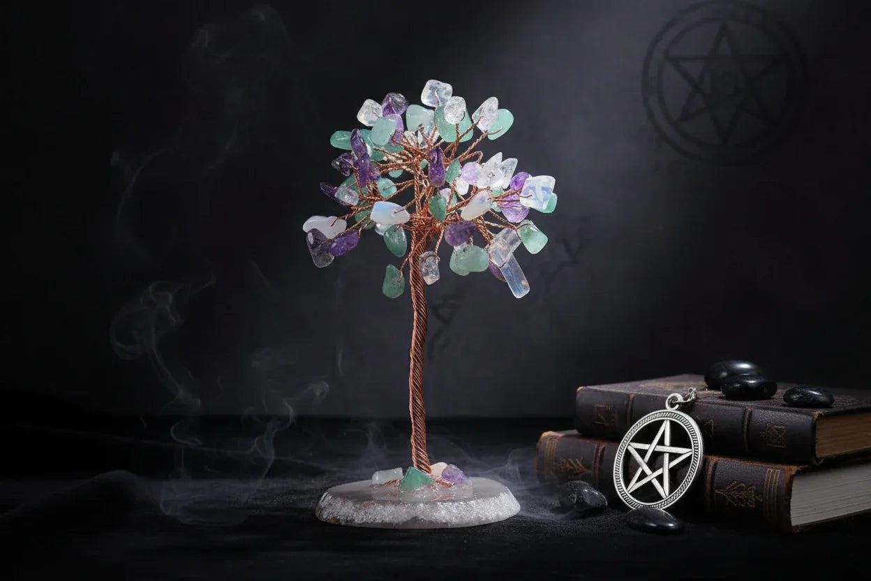 Mystic Crystal Tree - Sorceress Sanctuary Colorful Gem Gravel Tree Agate Sheet Base-Fluorite gravel tree agate sheet base-Amethyst gravel tree agate sheet base-Pink Crystal Weeping Willow Gravel Tree Agate Sheet Base-Aquamarine + Amethyst + Lapis Lazuli Weeping Willow Gravel Tree Agate Piece Base