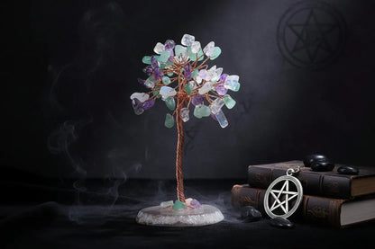 Mystic Crystal Tree - Sorceress Sanctuary Colorful Gem Gravel Tree Agate Sheet Base-Fluorite gravel tree agate sheet base-Amethyst gravel tree agate sheet base-Pink Crystal Weeping Willow Gravel Tree Agate Sheet Base-Aquamarine + Amethyst + Lapis Lazuli Weeping Willow Gravel Tree Agate Piece Base