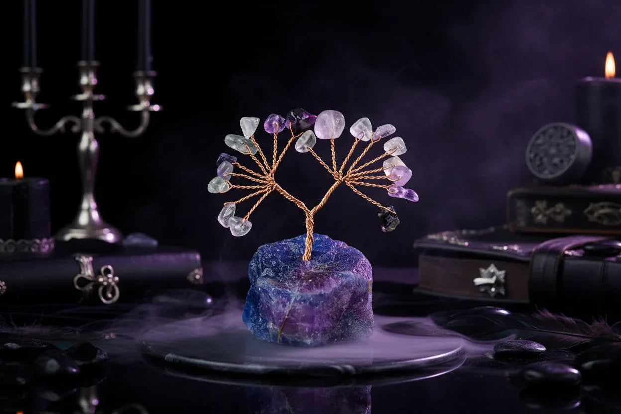 Mystic Crystal Tree - Sorceress Sanctuary Colorful Gem Gravel Tree Agate Sheet Base-Fluorite gravel tree agate sheet base-Amethyst gravel tree agate sheet base-Pink Crystal Weeping Willow Gravel Tree Agate Sheet Base-Aquamarine + Amethyst + Lapis Lazuli Weeping Willow Gravel Tree Agate Piece Base