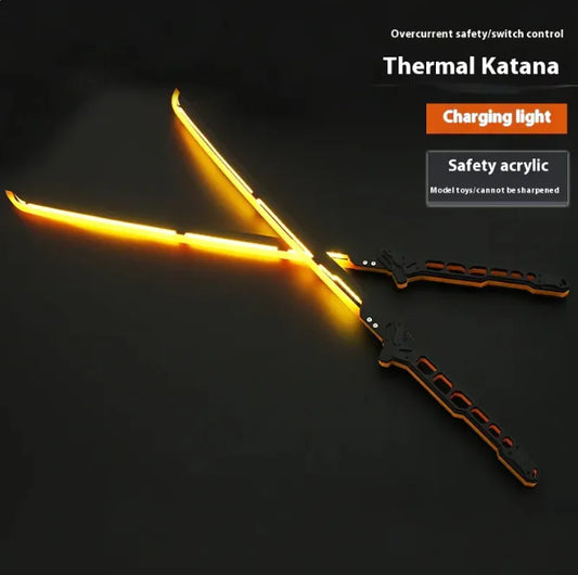 Light-up toy katana with charging light feature on a dark background