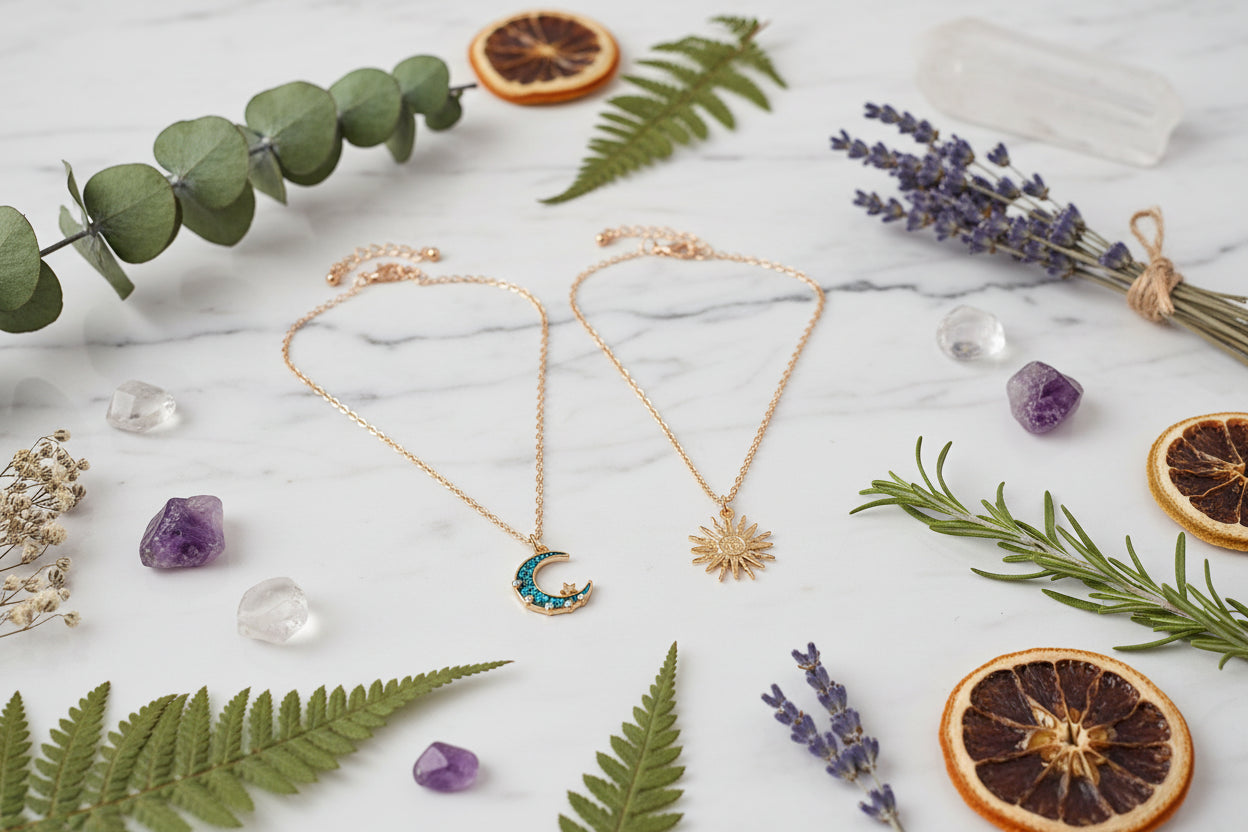 Two necklaces, one with a moon charm and the other with a sun charm, on a white background.