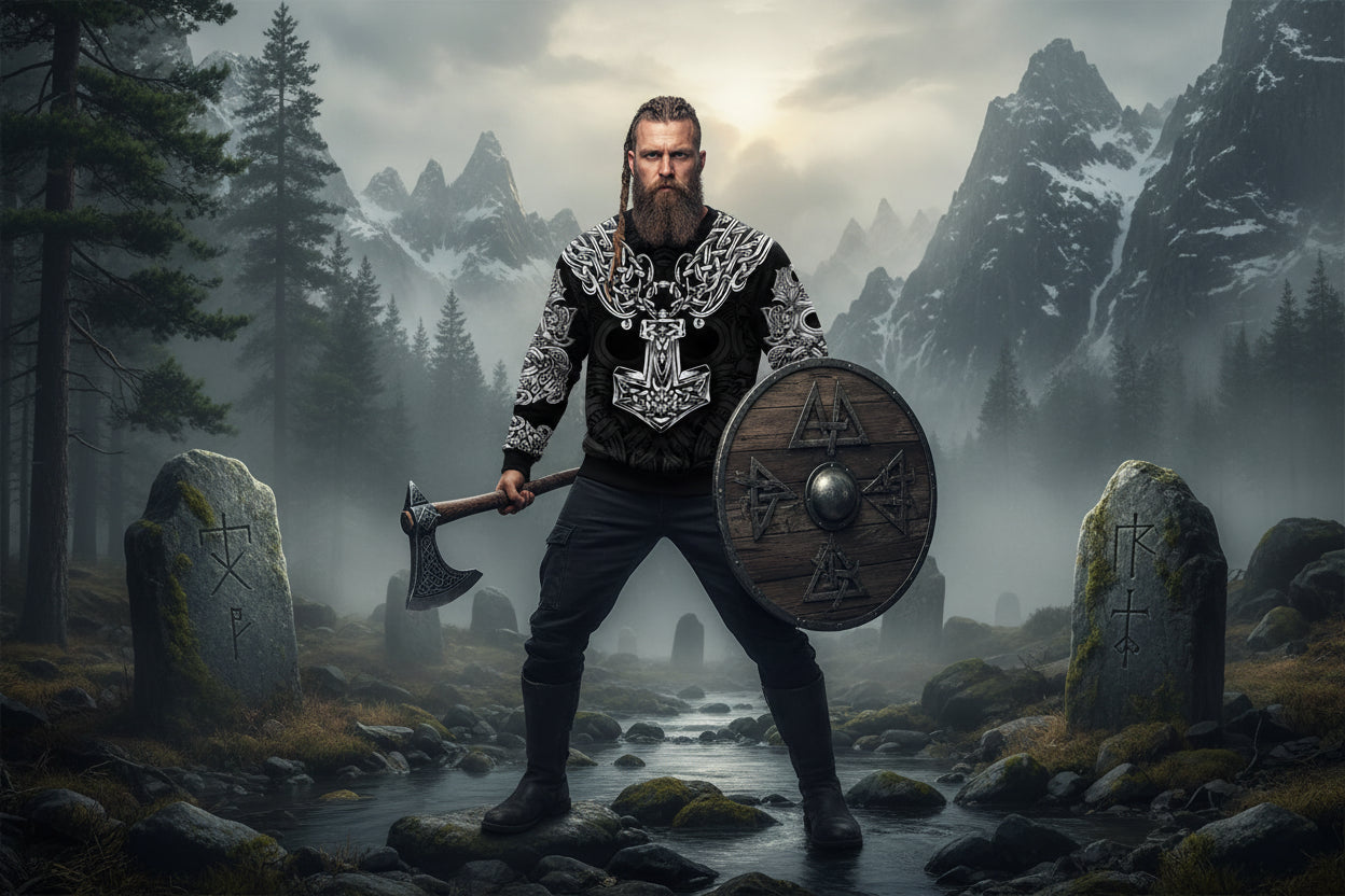 Black sweater with white intricate patterns and a prominent hammer design on a white background