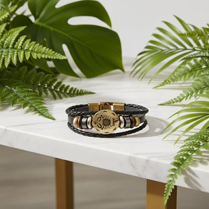 Bracelet with leather strap and wooden bead on a white background