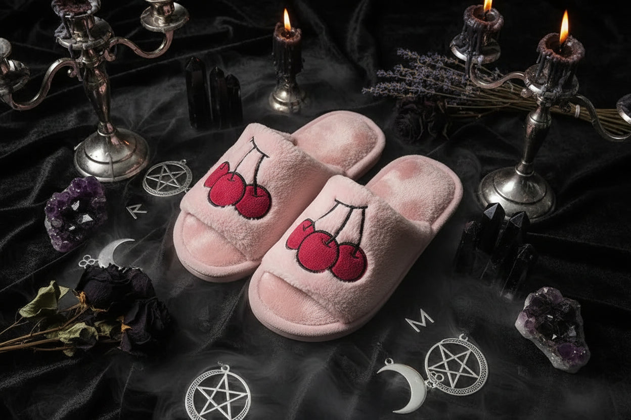 Pink slippers with cherry design on a gray surface with a magazine and sweater in the background.