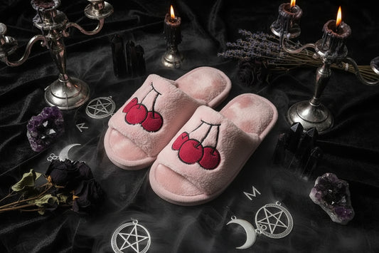 Pink slippers with cherry design on a gray surface with a magazine and sweater in the background.