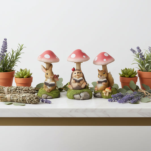 Three small figurines of animals under mushroom-shaped toadstools on a white background