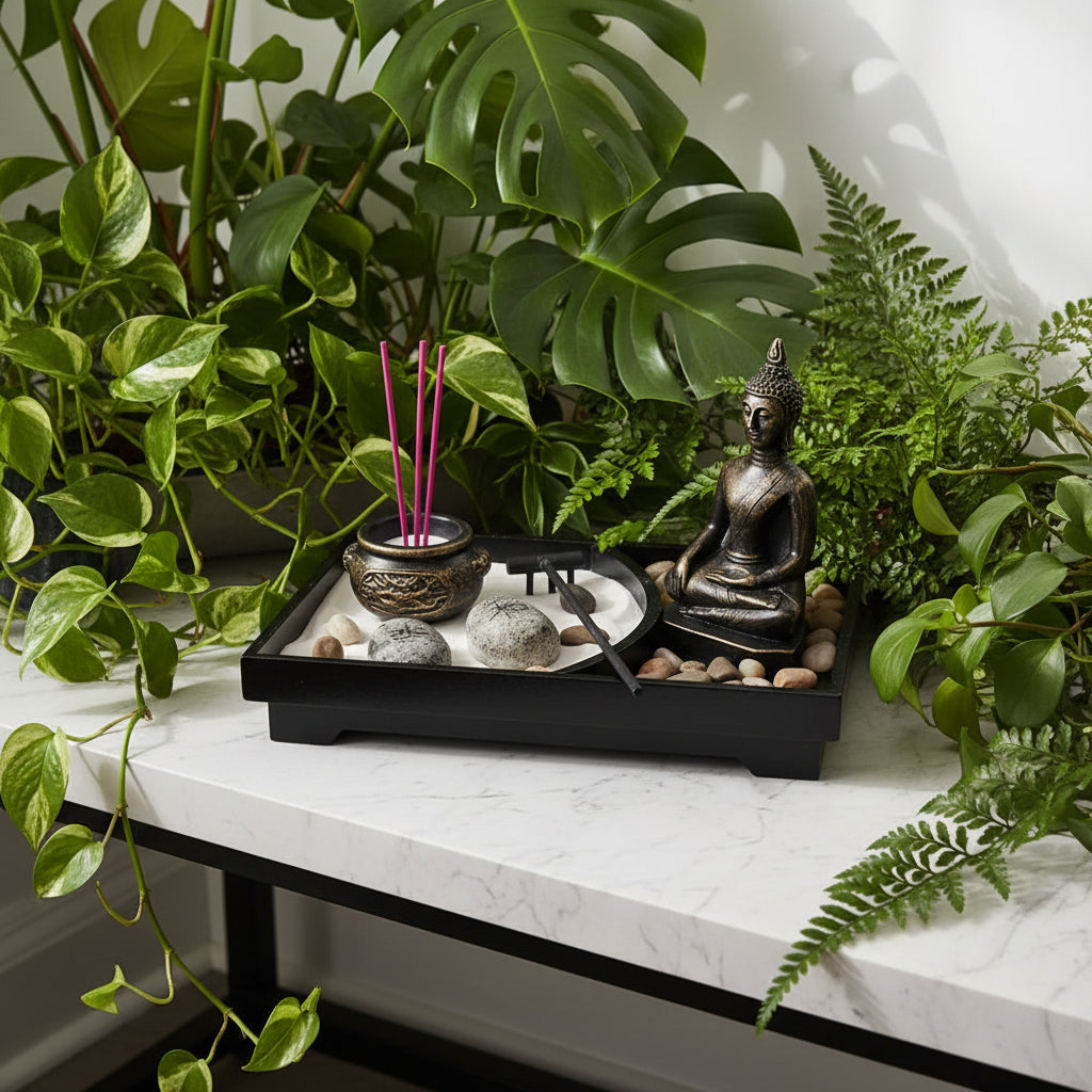 Zen garden with Buddha statue, stones, and incense on a tray