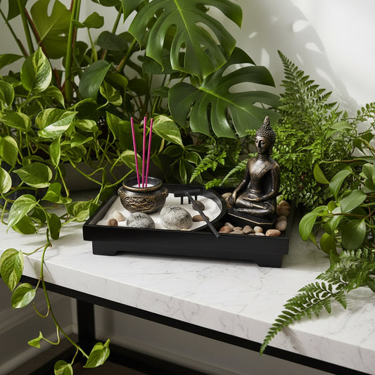 Zen garden with Buddha statue, stones, and incense on a tray