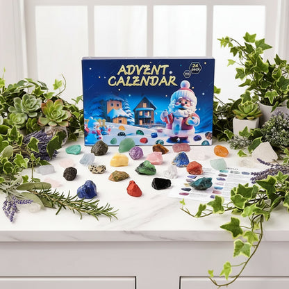 Advent calendar with Santa Claus figure and colorful rocks on a white background