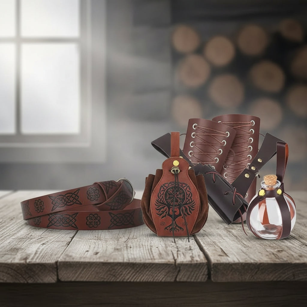 Collection of brown leather accessories including a belt, arm guards, quiver, and potion bottle on a white background.