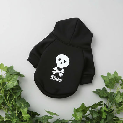 Black hoodie with skull and crossbones design and 'Killer' text on a white background