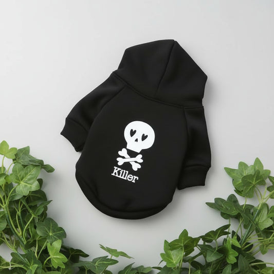 Black hoodie with skull and crossbones design and 'Killer' text on a white background