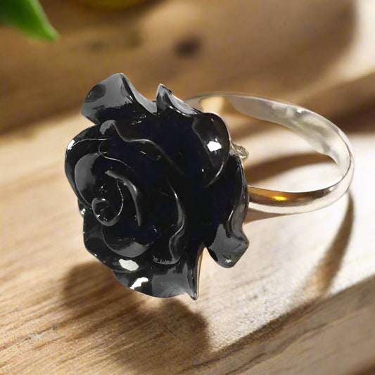 Vintage Gothic Black Flower Adjustable Resin Ring