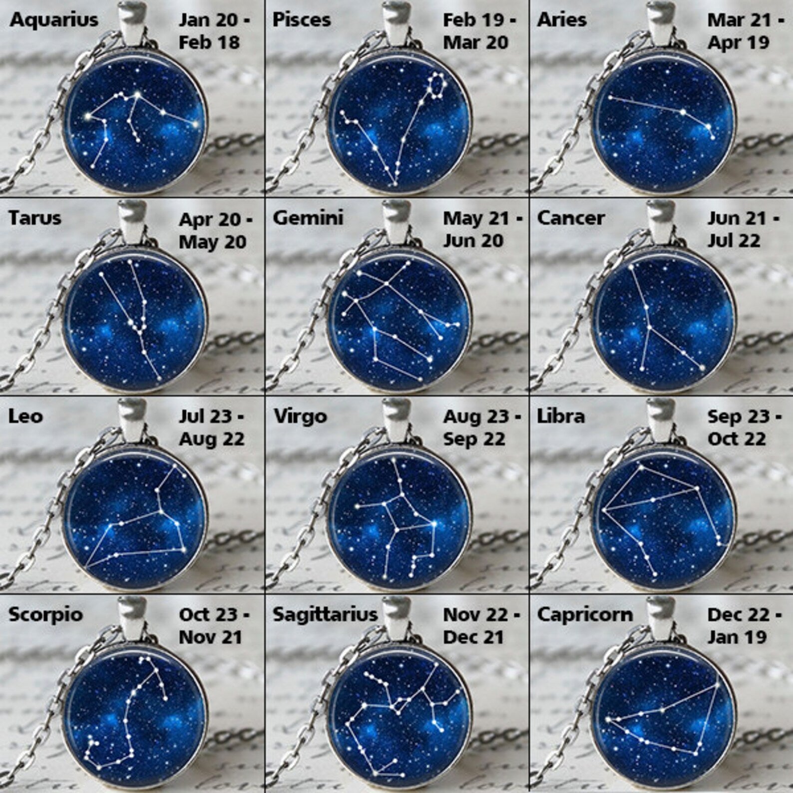 Grid of zodiac sign pendants with corresponding dates on a neutral background